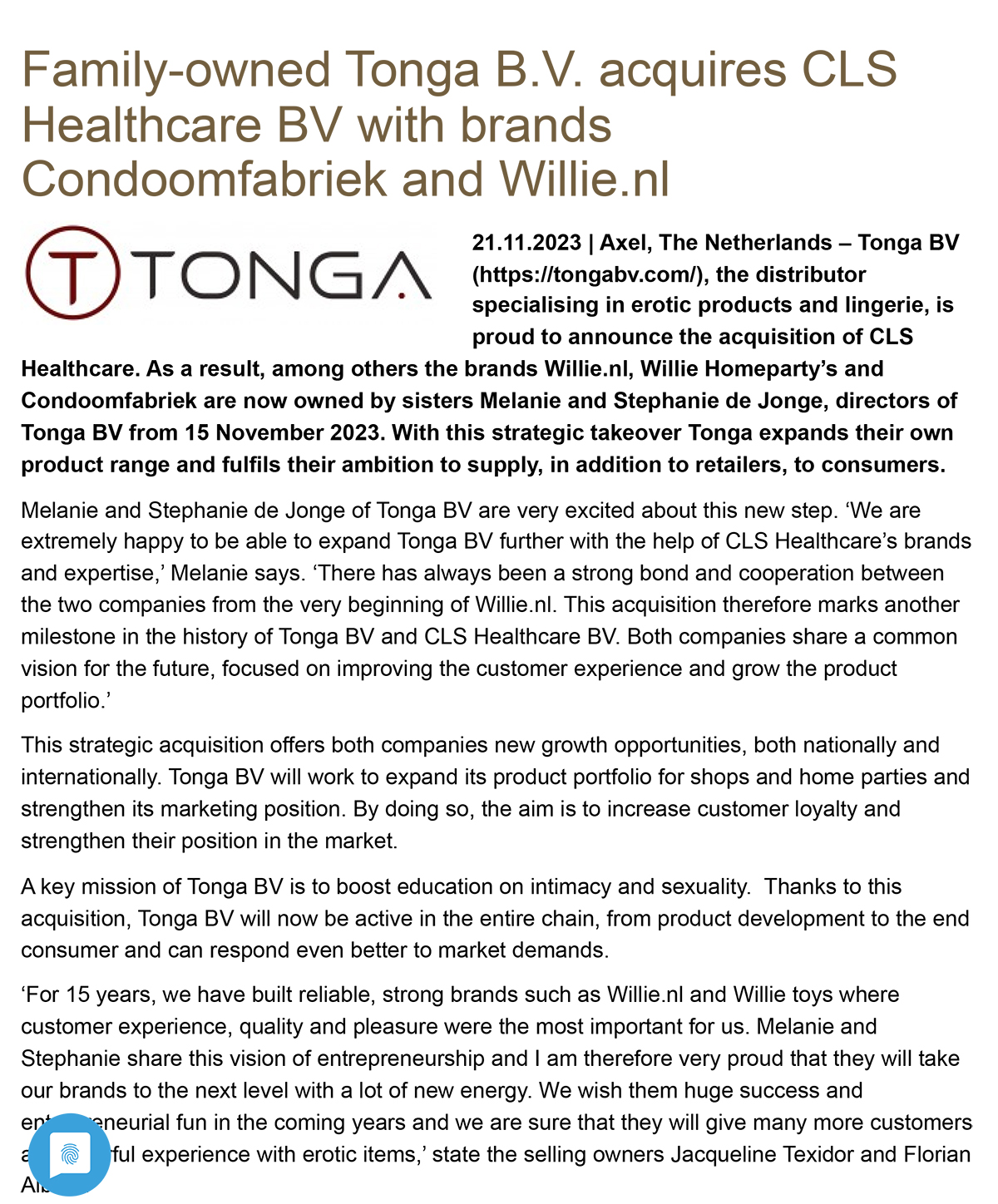 2023-11 Sign Online - Family-owned Tonga BV acquires CLS Healthcare BV with brands Condoomfabriek and Willie nl